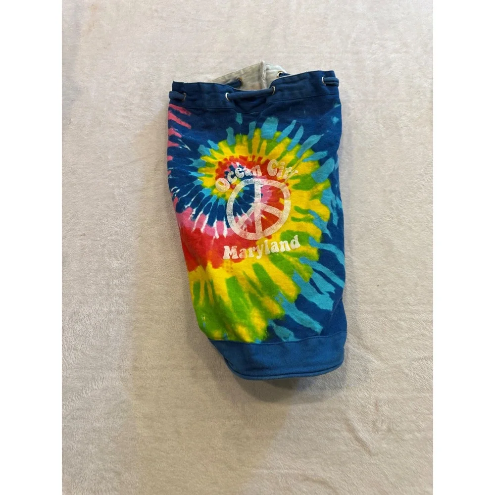 Ocean City Maryland Tie Dye Peace Sign Canvas Drawstring Duffel Bag Blue
